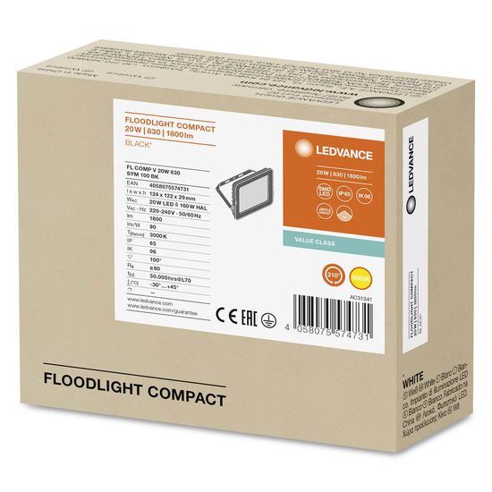 LEDVANCE FLOODLIGHT COMPACT Fluter 20W 830 SYM 100 schwarz 1800lm 3000K warmweiss IP65 4058075574731