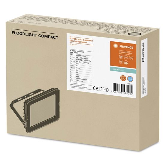 LEDVANCE FLOODLIGHT COMPACT Fluter 50W 865 SYM 100 schwarz 5000lm 6500K tageslichtweiss IP65 4058075574939
