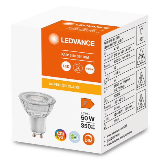 LEDVANCE LED Reflektor PAR16 4.7W 940 GU10 Spot, Strahler 350lm 4000K neutralweiss wie 50W dimmbar 4058075757882