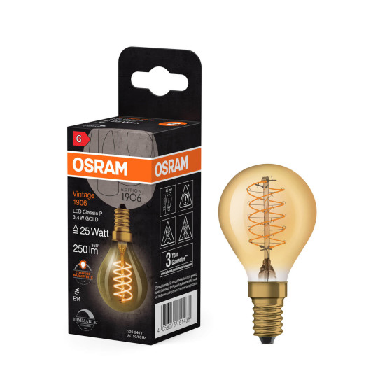 OSRAM LED Lampe Vintage 1906 CLASSIC A,B,P SLIM Filament 3.4W 822 Gold E14 Dimmbar Warmweiss 4058075761438