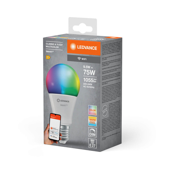 LEDVANCE LED Lampe SMART+ WiFi Classic Multicolour 230V RGBW FR E27 Dimmbar RGBTW Farbwechsel / steuerbare Lichtfarbe 4058075778535