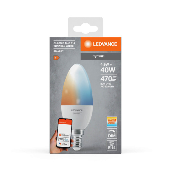 LEDVANCE LED Lampe SMART+ WiFi Candle Tunable White 230V TW FR E14 Dimmbar Tunable White, Kalt-zu-Warm-Farbwechsel 4058075778573