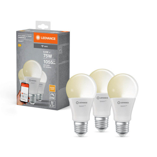 3er Pack LEDVANCE LED Lampe SMART+ WiFi Classic 230V FR E27 TRIPLE PACK Dimmbar Warmweiss 4058075778917