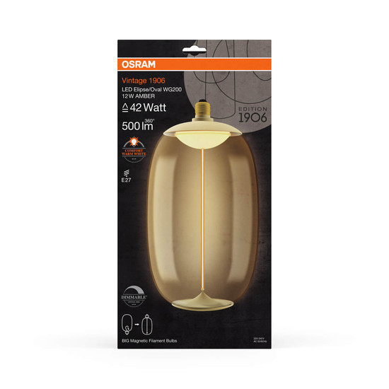 OSRAM LED Lampe VINTAGE 1906 BIG DECORATIVE BULB WITH Filament-MAGNETIC STYLE 12W 818 Amber E27 Dimmbar Warmweiss 4058075836280