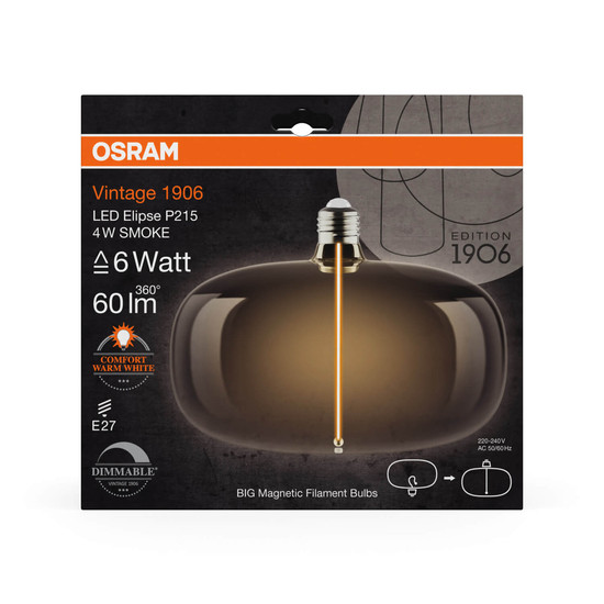 OSRAM LED Lampe VINTAGE 1906 DECORATIVE BULB WITH Filament-MAGNETIC STYLE 4W 818 Smoke E27 Dimmbar Warmweiss 4058075836440