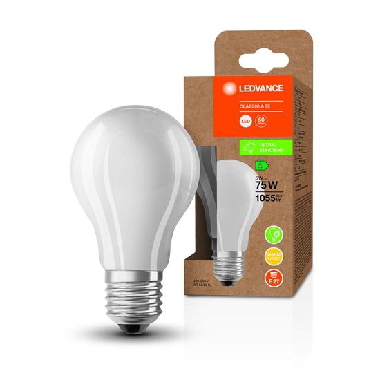 LEDVANCE LED CLASSIC höchste Effizienzklasse A 5W 830 gefrostet E27 Lampe 1055lm 3000K warmweiss wie 75W 4099854002847