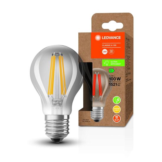 LEDVANCE LED CLASSIC höchste Effizienzklasse A 7.2W 830 klar E27 Lampe 1521lm 3000K warmweiss wie 100W 4099854002861
