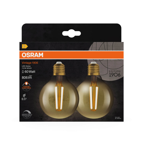 2er Pack OSRAM LED Lampe Vintage 1906 CLASSIC Globe 7.2W 824 Gold E27 Dimmbar Warmweiss 4099854137808