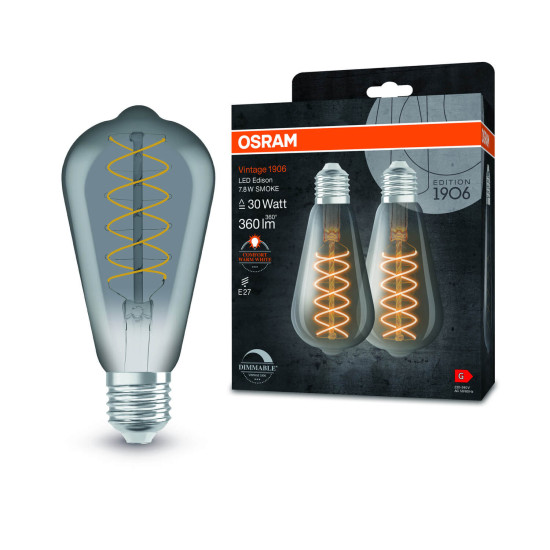 2er Pack OSRAM LED Lampe Vintage 1906 CLASSIC SLIM Filament Edison 7.8W 818 Smoke E27 Dimmbar Warmweiss 4099854147852
