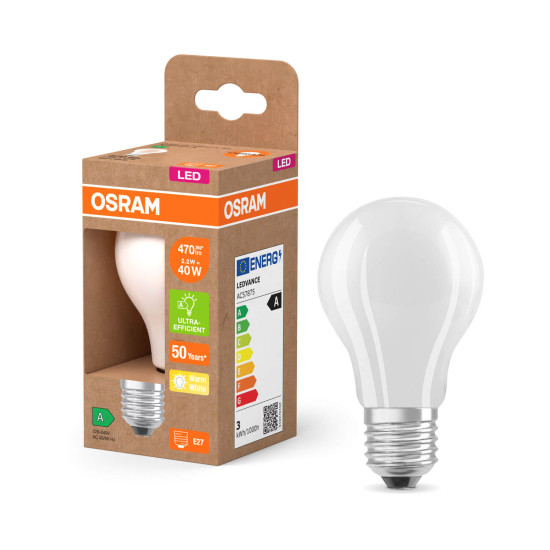 OSRAM LED Lampe LAMPS ENERGY CLASS A höchste Energieeffizienzklasse A Filament CLASSIC A 2.2W 827 Frosted E27 Warmweiss 4099854236228