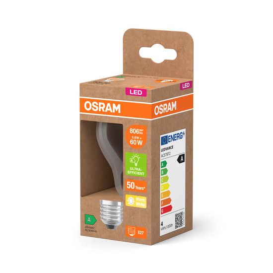 OSRAM LED Lampe LAMPS ENERGY CLASS A höchste Energieeffizienzklasse A Filament CLASSIC A 3.8W 827 Clear E27 Warmweiss 4099854236754