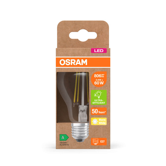 OSRAM LED Lampe LAMPS ENERGY CLASS A höchste Energieeffizienzklasse A Filament CLASSIC A 3.8W 827 Clear E27 Warmweiss 4099854236754