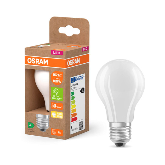 OSRAM LED Lampe LAMPS ENERGY CLASS A höchste Energieeffizienzklasse A Filament CLASSIC A 7.2W 827 Frosted E27 Warmweiss 4099854236877
