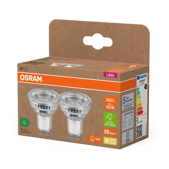2er Pack OSRAM LED Spot, Strahler LAMPS höchste Energieeffizienzklasse A REFLECTOR 2W 827 GU10 Warmweiss 4099854245299