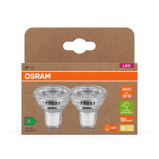 2er Pack OSRAM LED Spot, Strahler LAMPS höchste Energieeffizienzklasse A REFLECTOR 2W 827 GU10 Warmweiss 4099854245299