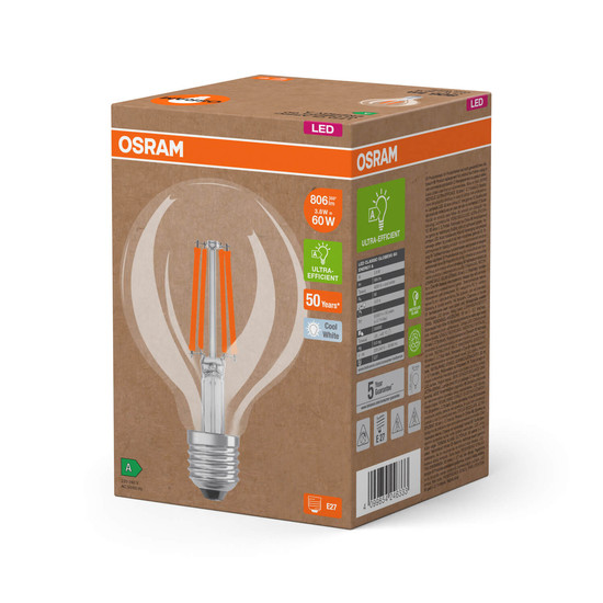 OSRAM LED Lampe LAMPS ENERGY CLASS A höchste Energieeffizienzklasse A Filament CLASSIC Globe 3.8W 840 Clear E27 Neutralweiss 4099854246333