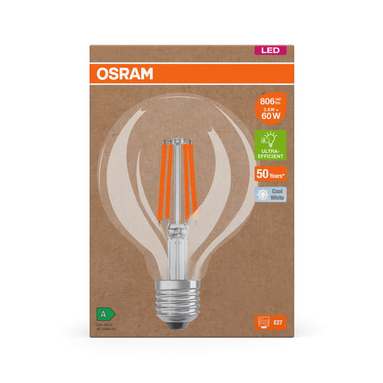 OSRAM LED Lampe LAMPS ENERGY CLASS A höchste Energieeffizienzklasse A Filament CLASSIC Globe 3.8W 840 Clear E27 Neutralweiss 4099854246333