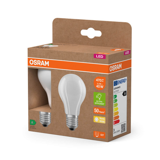 2er Pack OSRAM LED Lampe LAMPS ENERGY CLASS A höchste Energieeffizienzklasse A Filament CLASSIC A 2.2W 827 Frosted E27 Warmweiss 4099854253485