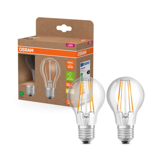 2er Pack OSRAM LED Lampe LAMPS ENERGY CLASS A höchste Energieeffizienzklasse A Filament CLASSIC A 3.8W 827 Clear E27 Warmweiss 4099854253508