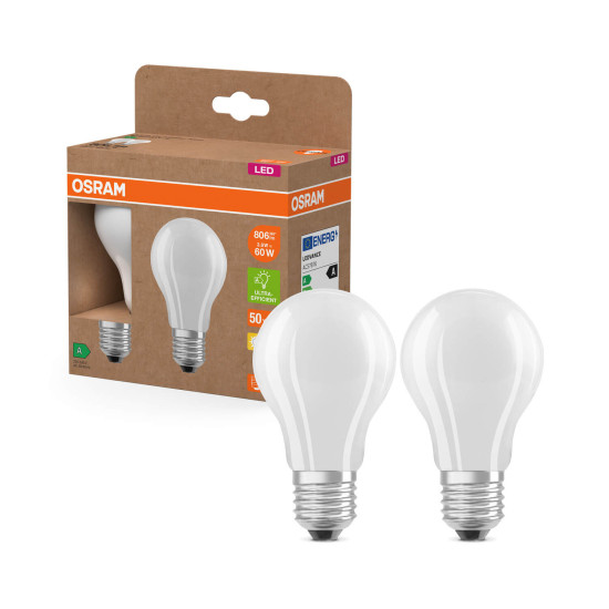 2er Pack OSRAM LED Lampe LAMPS ENERGY CLASS A höchste Energieeffizienzklasse A Filament CLASSIC A 3.8W 827 Frosted E27 Warmweiss 4099854253522