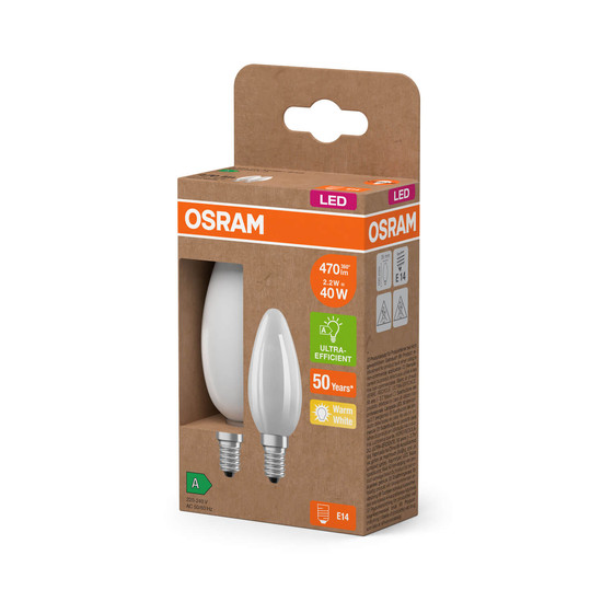 2er Pack OSRAM LED Lampe CLASSIC B höchste Energieeffizienzklasse A 2.2W 827 Frosted E14 Warmweiss 4099854253805
