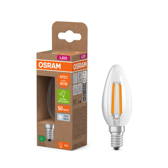OSRAM LED Lampe CLASSIC B höchste Energieeffizienzklasse A 2.2W 840 Clear E14 Neutralweiss 4099854255090