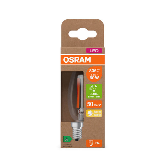 OSRAM LED Lampe CLASSIC B höchste Energieeffizienzklasse A 3.8W 827 Clear E14 Warmweiss 4099854255120