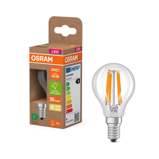OSRAM LED Lampe CLASSIC P höchste Energieeffizienzklasse A 3.8W 827 Clear E14 Warmweiss 4099854255229