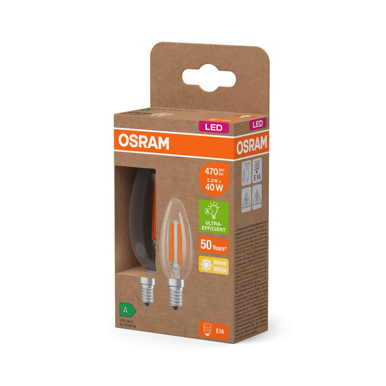2er Pack OSRAM LED Lampe CLASSIC B höchste Energieeffizienzklasse A 2.2W 827 Clear E14 Warmweiss 4099854255472