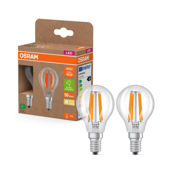 2er Pack OSRAM LED Lampe CLASSIC P höchste Energieeffizienzklasse A 2.2W 827 Clear E14 Warmweiss 4099854255496