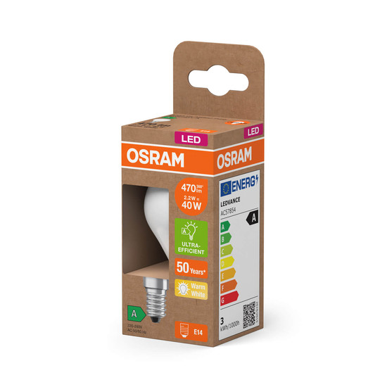OSRAM LED Lampe CLASSIC P höchste Energieeffizienzklasse A 2.2W 827 Frosted E14 Warmweiss 4099854255755