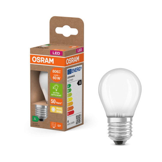 OSRAM LED Lampe CLASSIC P höchste Energieeffizienzklasse A 3.8W 827 Frosted E27 Warmweiss 4099854255830
