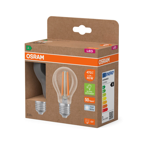 2er Pack OSRAM LED Lampe LAMPS ENERGY CLASS A höchste Energieeffizienzklasse A Filament CLASSIC A 2.2W 840 Clear E27 Neutralweiss 4099854259715