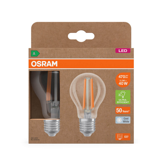 2er Pack OSRAM LED Lampe LAMPS ENERGY CLASS A höchste Energieeffizienzklasse A Filament CLASSIC A 2.2W 840 Clear E27 Neutralweiss 4099854259715