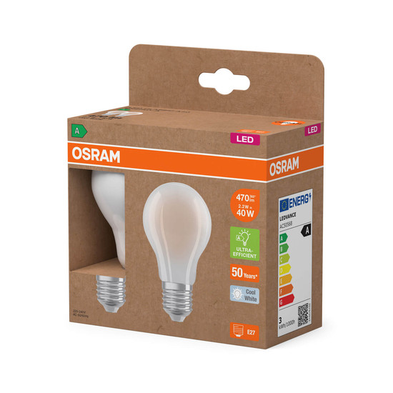 2er Pack OSRAM LED Lampe LAMPS ENERGY CLASS A höchste Energieeffizienzklasse A Filament CLASSIC A 2.2W 840 Frosted E27 Neutralweiss 4099854259739