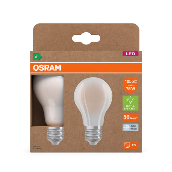 2er Pack OSRAM LED Lampe LAMPS ENERGY CLASS A höchste Energieeffizienzklasse A Filament CLASSIC A 5W 840 Frosted E27 Neutralweiss 4099854259791