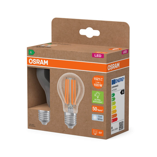 2er Pack OSRAM LED Lampe LAMPS ENERGY CLASS A höchste Energieeffizienzklasse A Filament CLASSIC A 7.2W 840 Clear E27 Neutralweiss 4099854259838