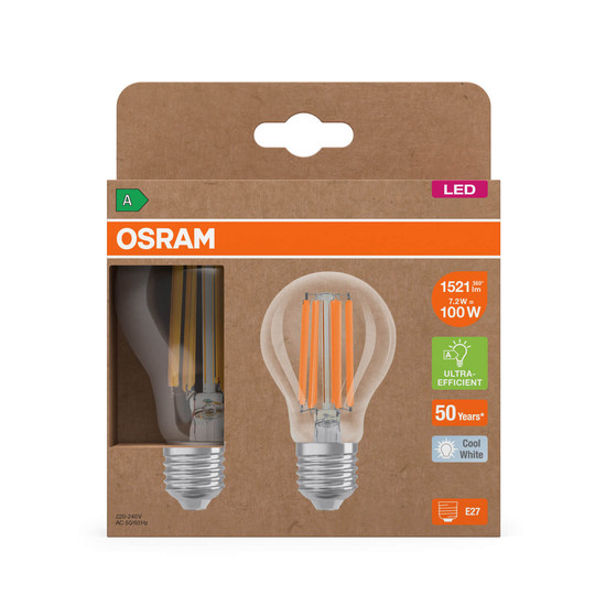 2er Pack OSRAM LED Lampe LAMPS ENERGY CLASS A höchste Energieeffizienzklasse A Filament CLASSIC A 7.2W 840 Clear E27 Neutralweiss 4099854259838