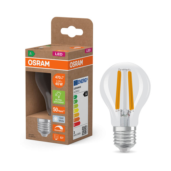 OSRAM LED Lampe CLASSIC A höchste Energieeffizienzklasse A 2.2W 840 Clear E27 Dimmbar Neutralweiss 4099854265464