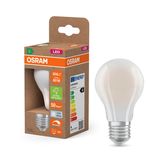 OSRAM LED Lampe CLASSIC A höchste Energieeffizienzklasse A 3.8W 840 Frosted E27 Dimmbar Neutralweiss 4099854265549