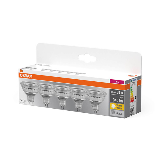 5er Pack OSRAM LED Spot, Strahler BASE MR16 3.8W 827 GU5.3 Warmweiss 4099854334337