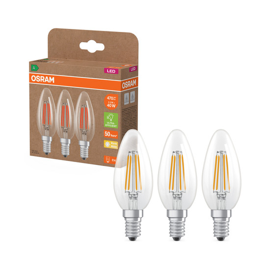 OSRAM LED Leuchtmittel LED CLASSIC B ENERGY EFFICIENCY A 2.2W 827 Clear E14 Warm weiß 4099854338717