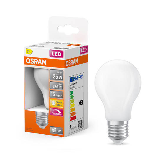 OSRAM LED Leuchtmittel LED Retrofit CLASSIC A DIM 1.8W 827 Frosted E27 Dimmbar Warm weiß 4099854443787