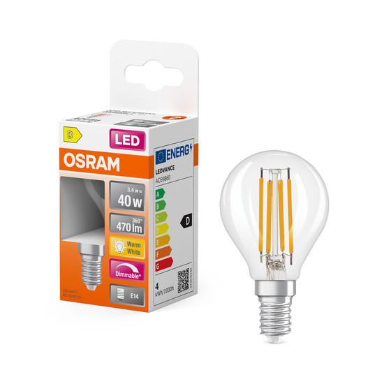 OSRAM LED Leuchtmittel LED Retrofit CLASSIC P DIM 3.4W 827 Clear E14 Dimmbar Warm weiß 4099854444814