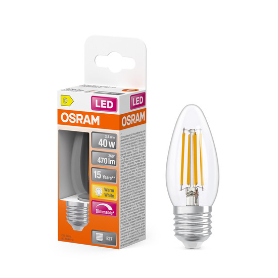 OSRAM LED Leuchtmittel LED Retrofit CLASSIC B DIM 3.4W 827 Clear E27 Dimmbar Warm weiß 4099854445439