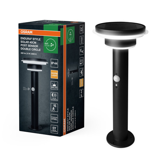OSRAM LED Aussenleuchte ENDURA STYLE SOLAR DOUBLE CIRCLE 40cm Post Sensor Double Circle 6W Black Dimmbar Warm weiß 4099854455520