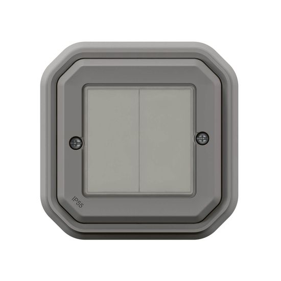 Legrand PLEXO New Feuchtraum Connected-Smart-Home-Doppelschalter, Wandsender, Aufputz Schalter, An-Aus, Home+Control-App, IP55 wasserfest, stoßfest, grau, 069819L
