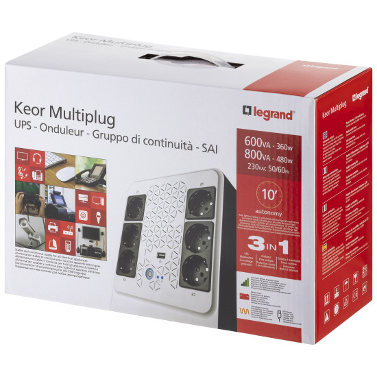 Legrand Unterbrechungsfreie Stromversorgung USV-Anlage, Keor Multiplug mit 800VA/480W 6xSteckdosen & USB, Inverter AVR 310082