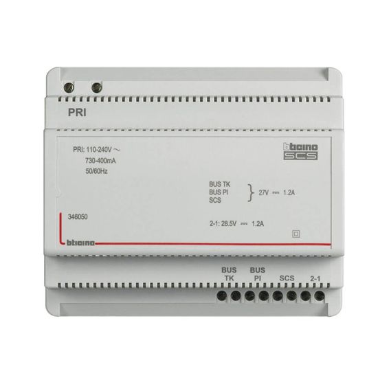 Bticino Reiheneinbau-Netzgerät, 2-Draht für Audio- und Video-Türsprechanlagen, integr. Videoadapter, für Verteilereinbau, 3 BUS-Anschlüsse, 6 TE DIN, 346050