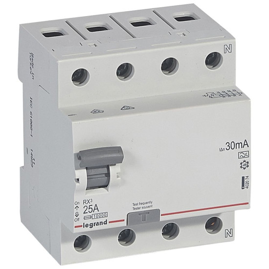 Legrand FI-Schutzschalter, Typ A, Bemessungsstrom In 25 A, Idn 30 mA,  Un 400 VAC, 50 Hz, Fehlerstromschutzschalter, 4-polig, 402074